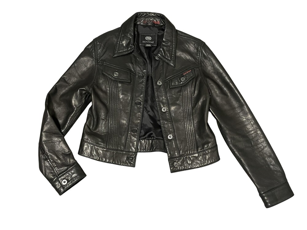 Ecko Red Jacket Womens Medium Black Cropped Leather Look Trucker Moto Streetwear